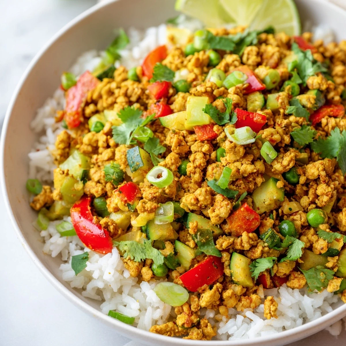 Warm spiced turkey rice bowls topped with fresh cilantro and lime wedges