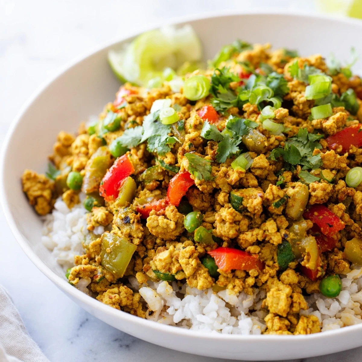 Colorful spiced turkey rice bowls with tender vegetables in a smoky skillet