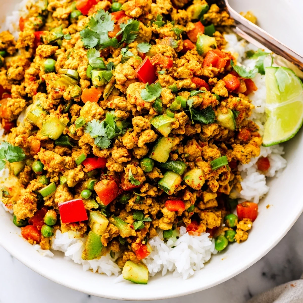 Fluffy rice layered with seasoned spiced turkey rice bowls and crisp bell peppers