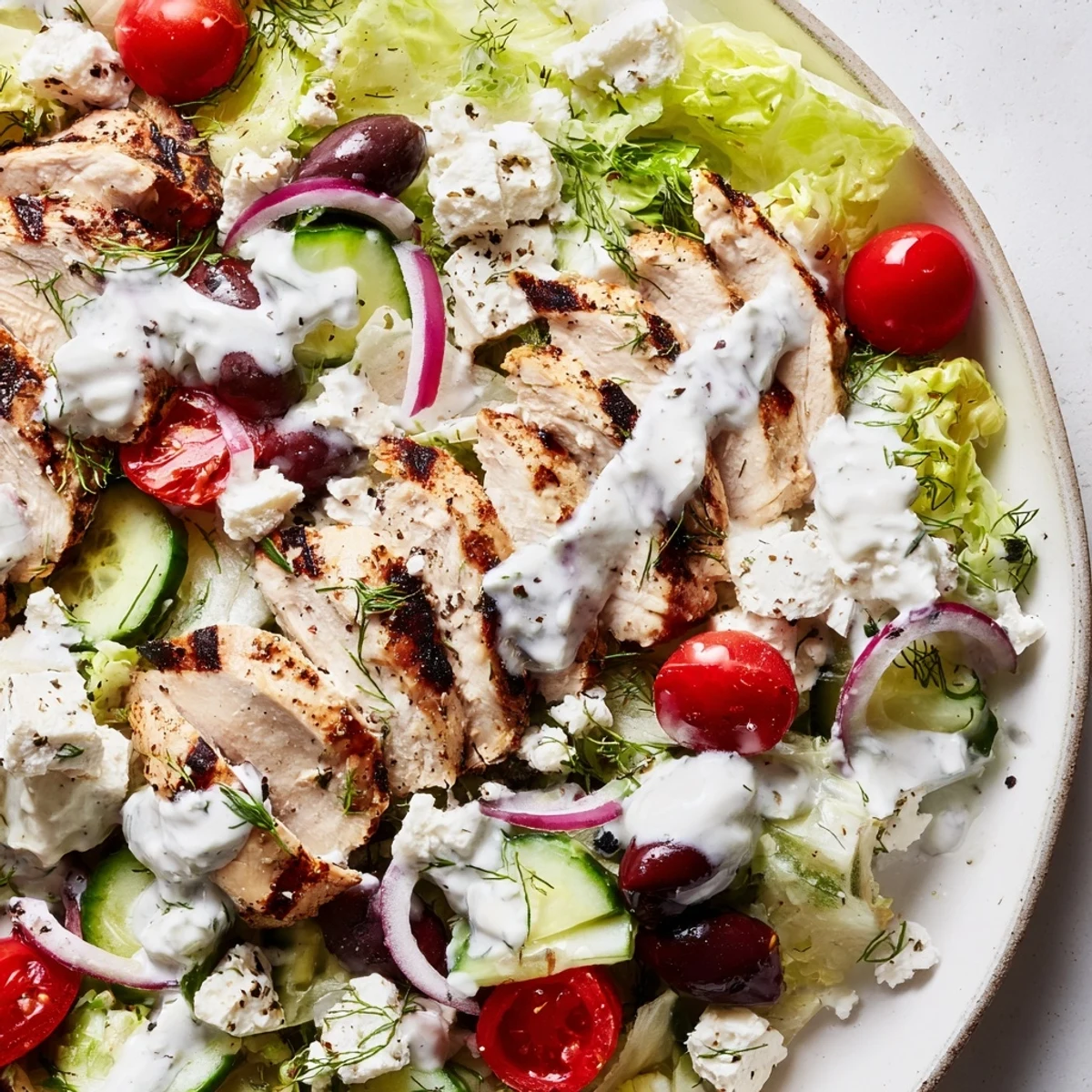 Greek chicken salad with creamy whipped feta dressing drizzled over crisp greens and grilled chicken