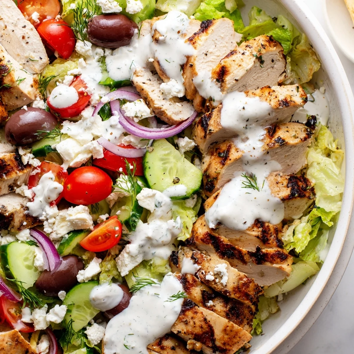 Juicy grilled chicken tops a bright Greek chicken salad with creamy whipped feta dressing