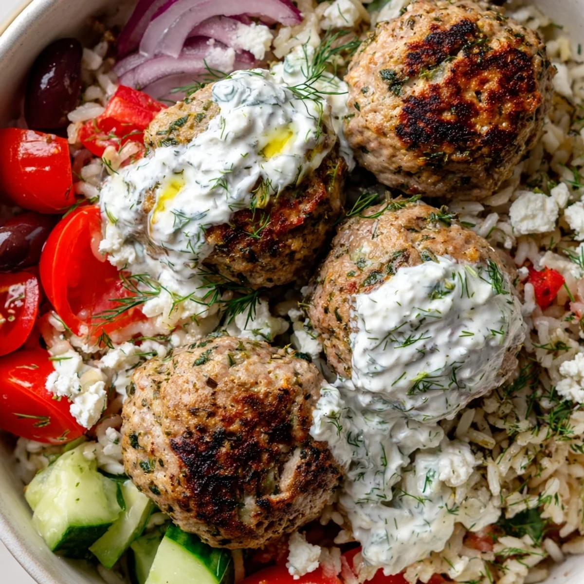 Golden za'atar turkey meatballs nestled over herbed rice with cool yogurt sauce.