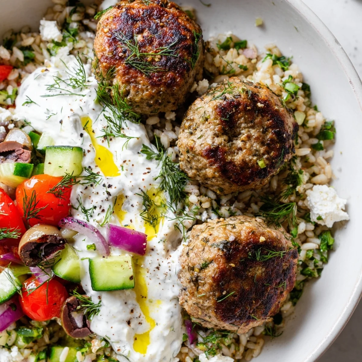 Crisp cucumber and tomatoes topping Mediterranean za'atar turkey meatball bowls with olives.