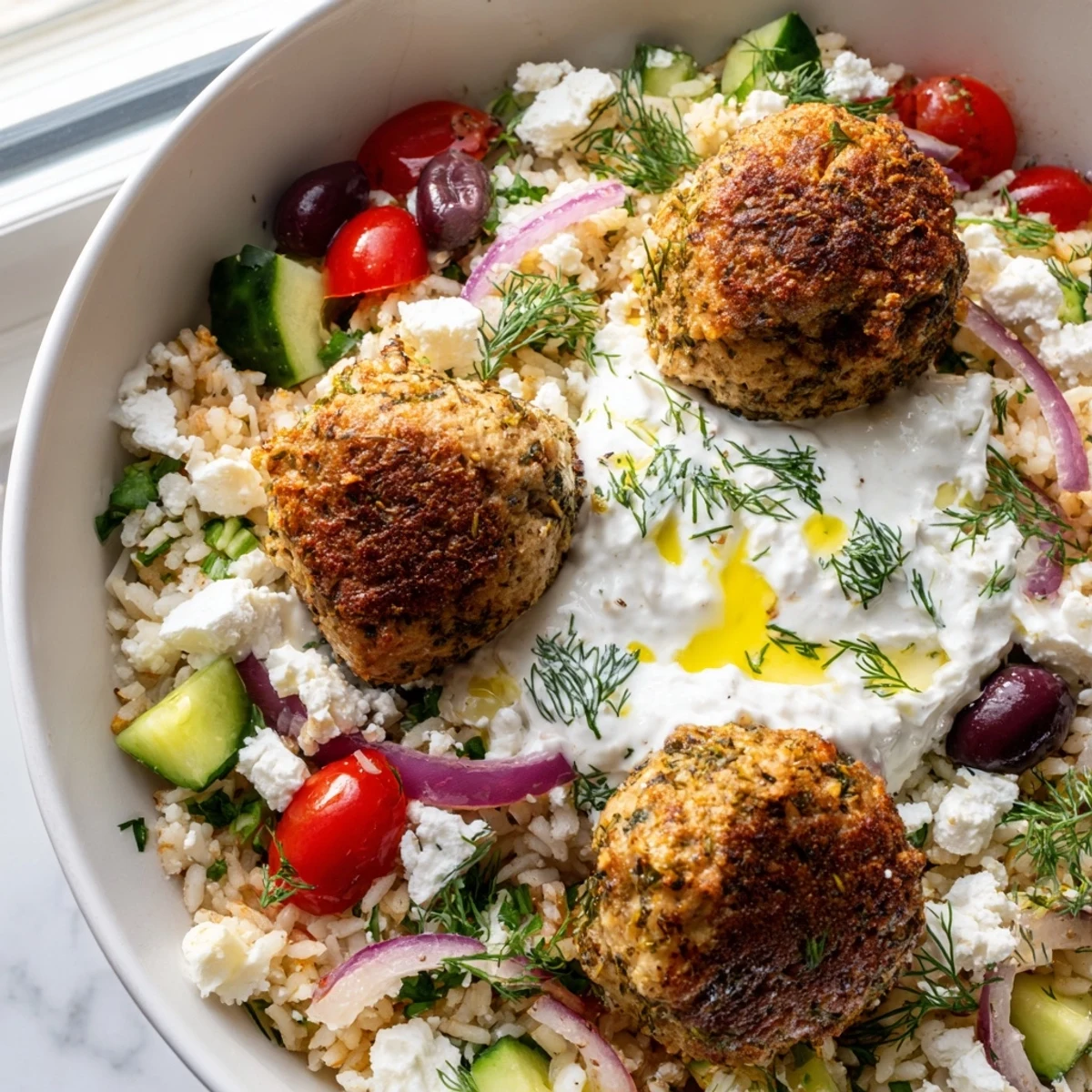 Juicy Mediterranean za'atar turkey meatball bowls drizzled with creamy dill yogurt sauce.