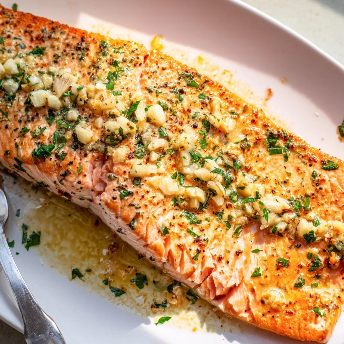 Golden garlic butter salmon fillets glistening in a rich, lemony skillet sauce