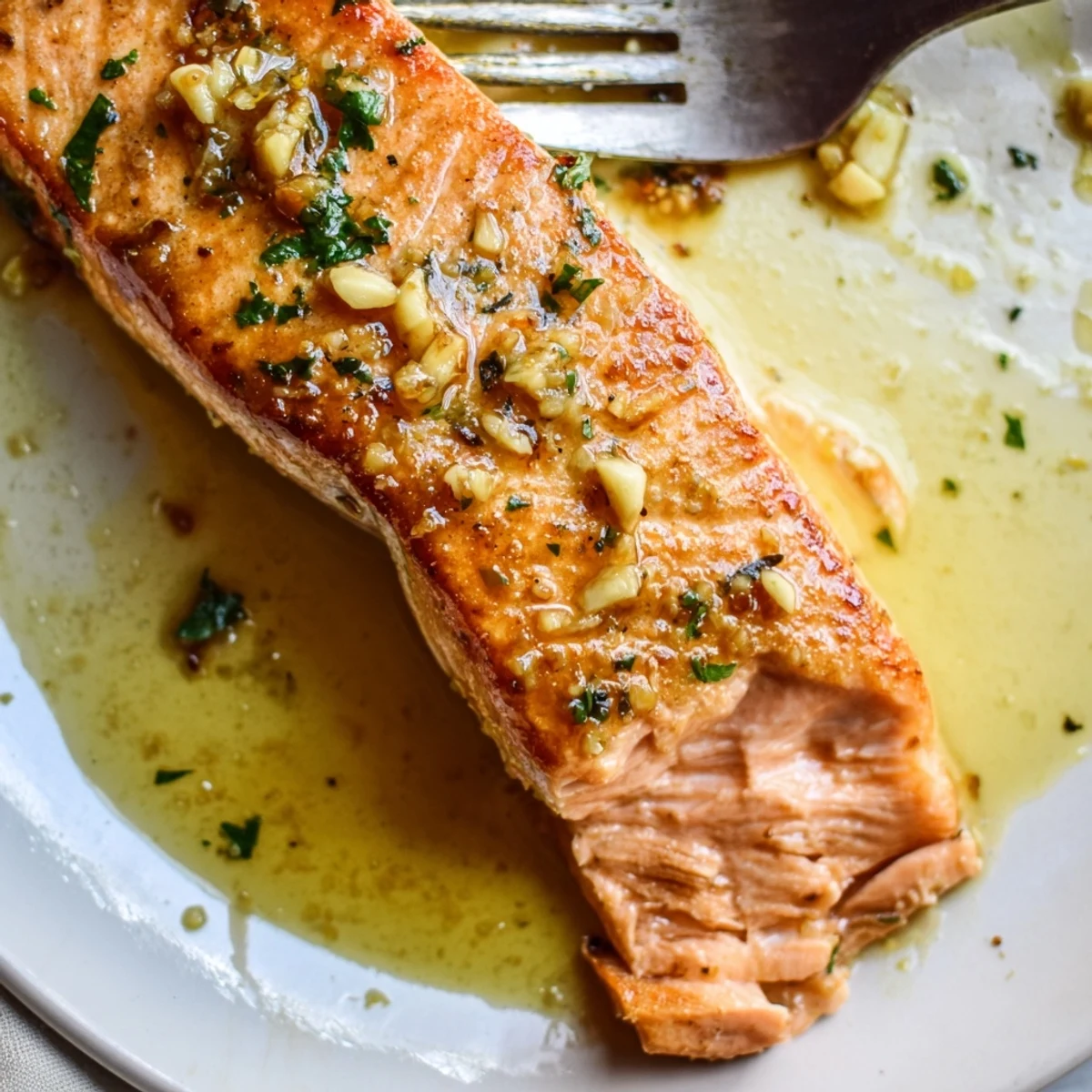 Crispy-skinned garlic butter salmon topped with fresh parsley and lemon wedges