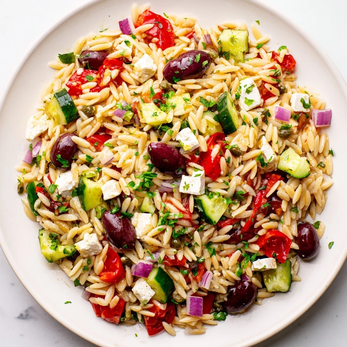 Colorful Mediterranean Orzo Pasta Salad in a bowl with feta and tomatoes