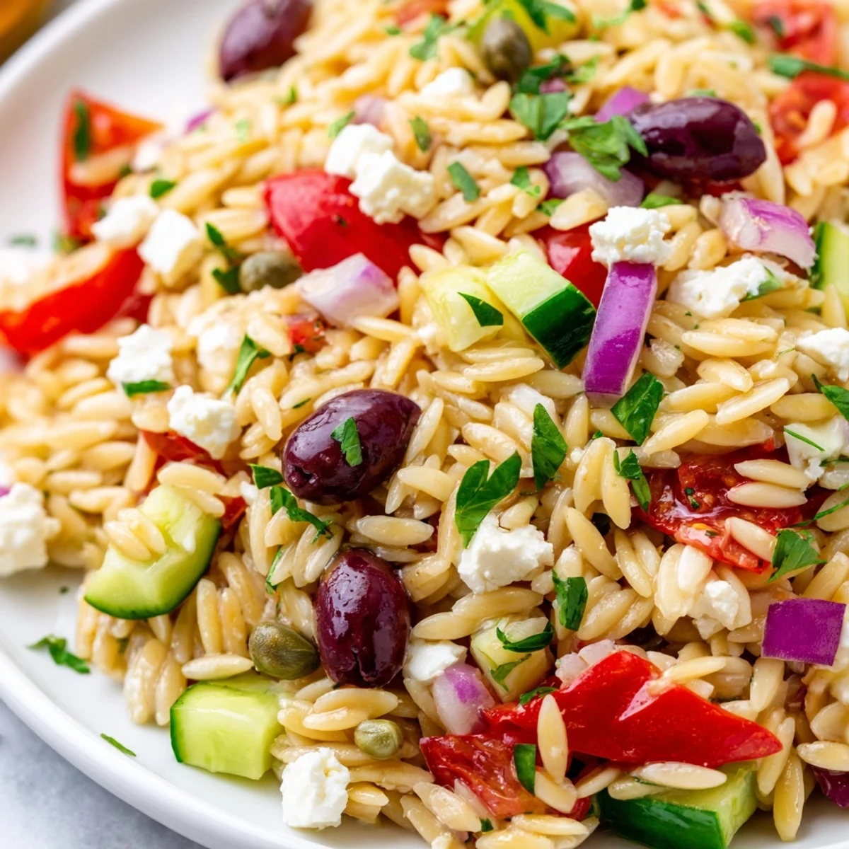 Mediterranean Orzo Pasta Salad topped with olives and crisp fresh vegetables