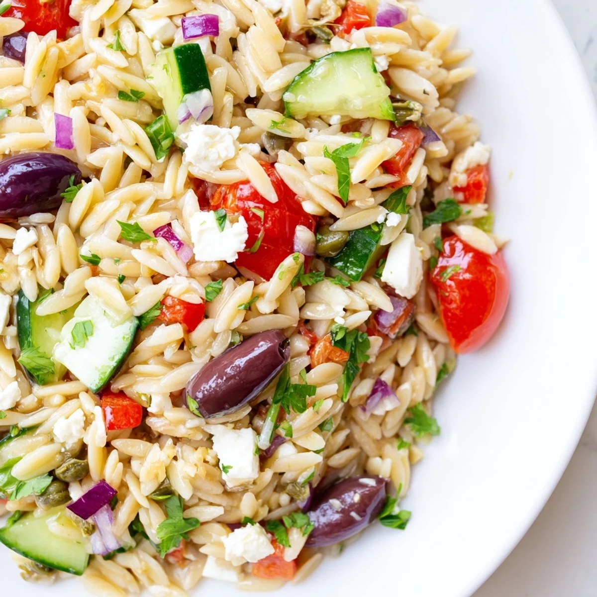 Creamy feta and bright vegetables tossed in Mediterranean Orzo Pasta Salad