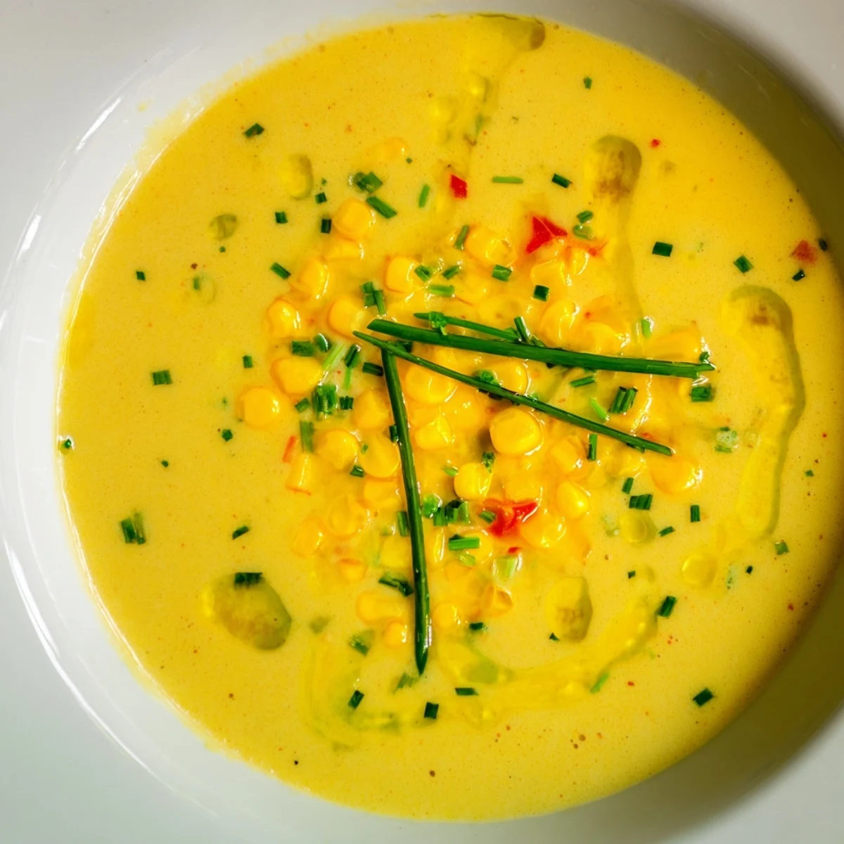 Creamy summer sweet corn gazpacho served chilled in a bowl with fresh basil garnish and golden olive oil drizzle