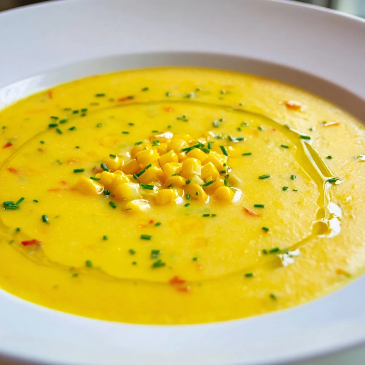 Bright yellow summer sweet corn gazpacho topped with crunchy corn kernels and snipped chives in a rustic ceramic bowl