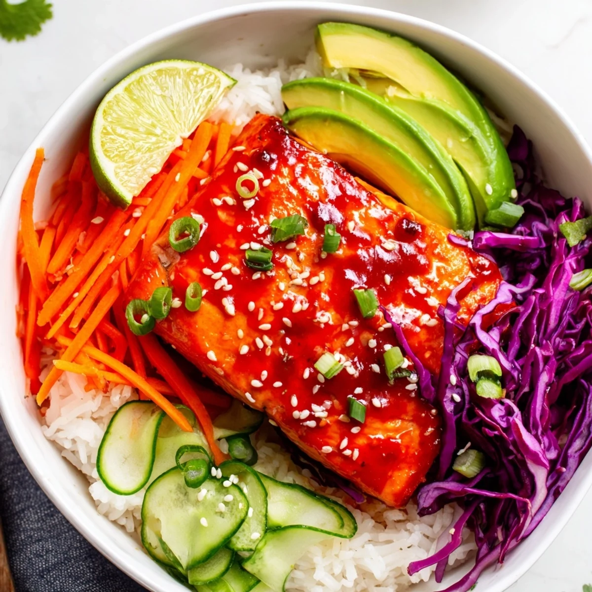 Golden caramelized salmon in Sriracha Honey Glazed Salmon Bowls topped with fresh avocado slices