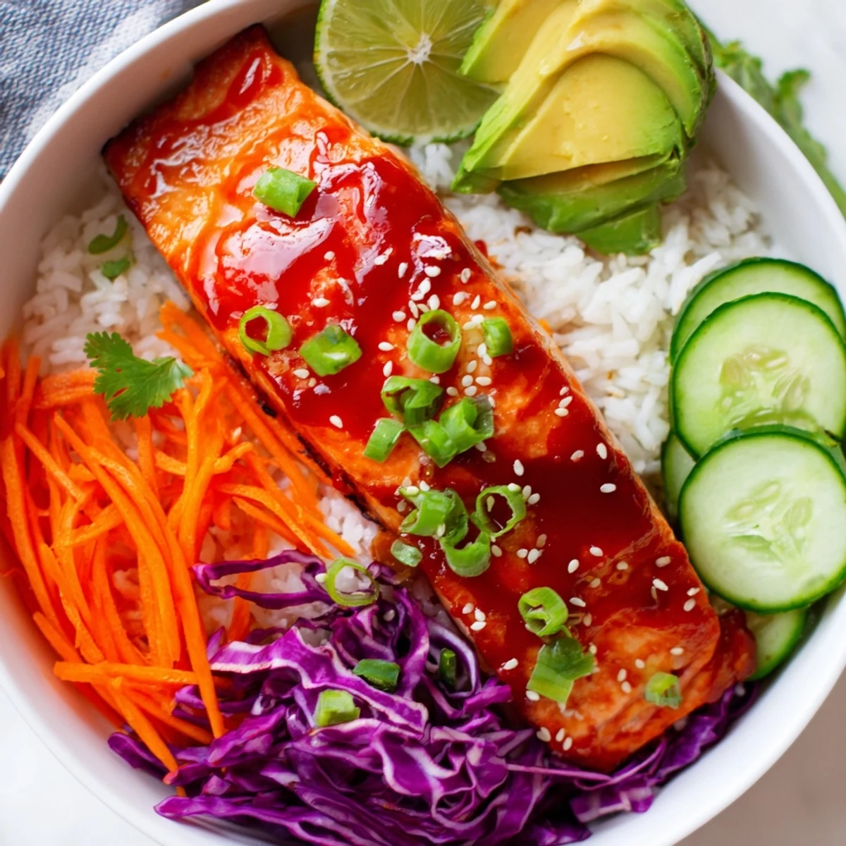 Glossy Sriracha Honey Glazed Salmon Bowls with vibrant vegetables over steamed jasmine rice