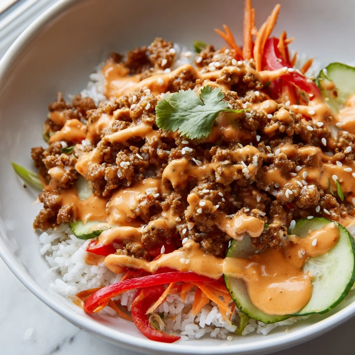 Spicy ground turkey rice bowls drizzled with creamy Bang Bang sauce and crisp vegetables