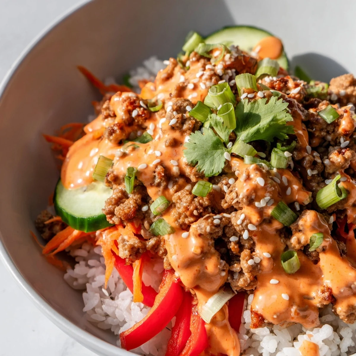 Seasoned ground turkey rice bowls topped with vibrant veggies and spicy-sweet Bang Bang sauce