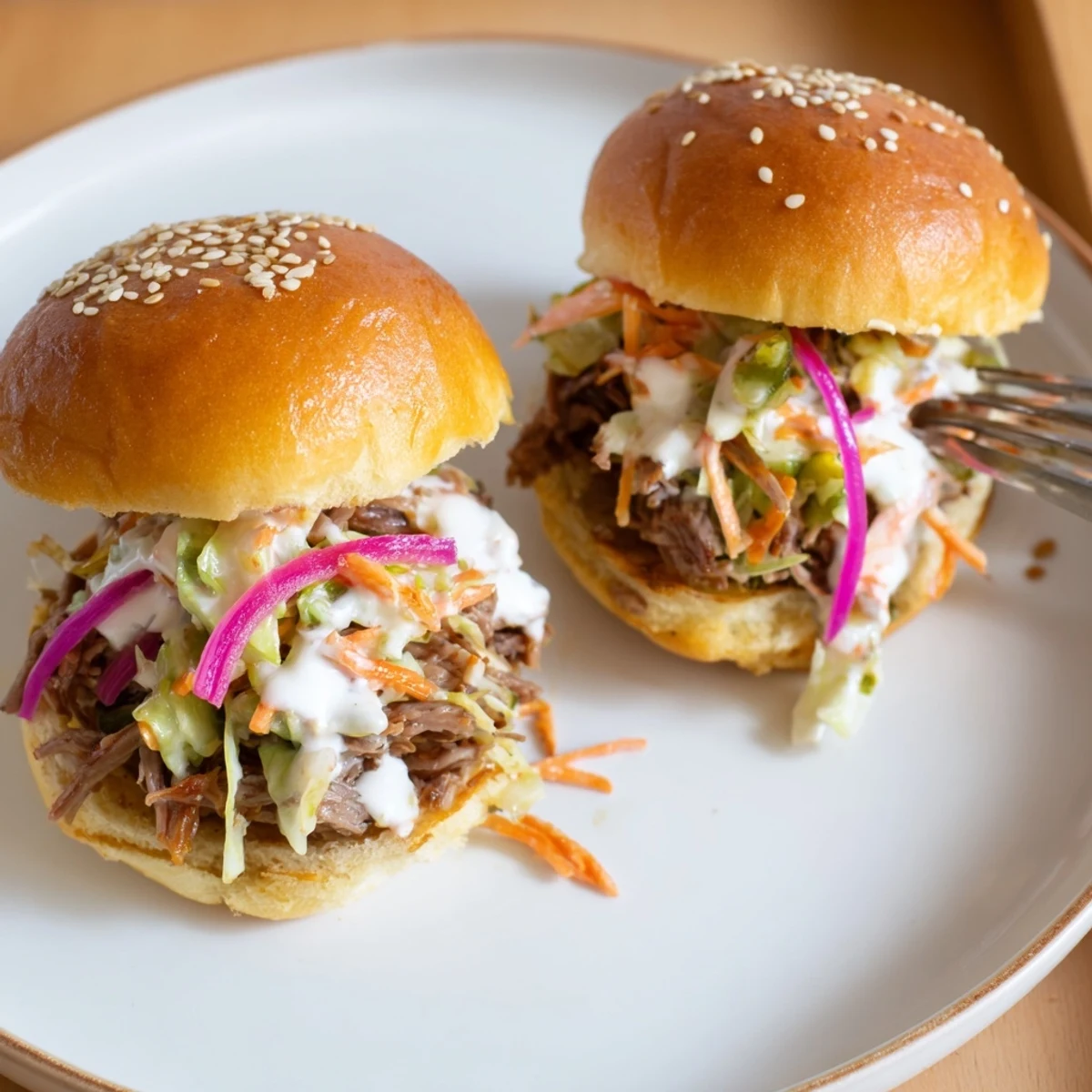 Juicy shredded lamb coated in creamy Alabama white sauce on toasted slider buns