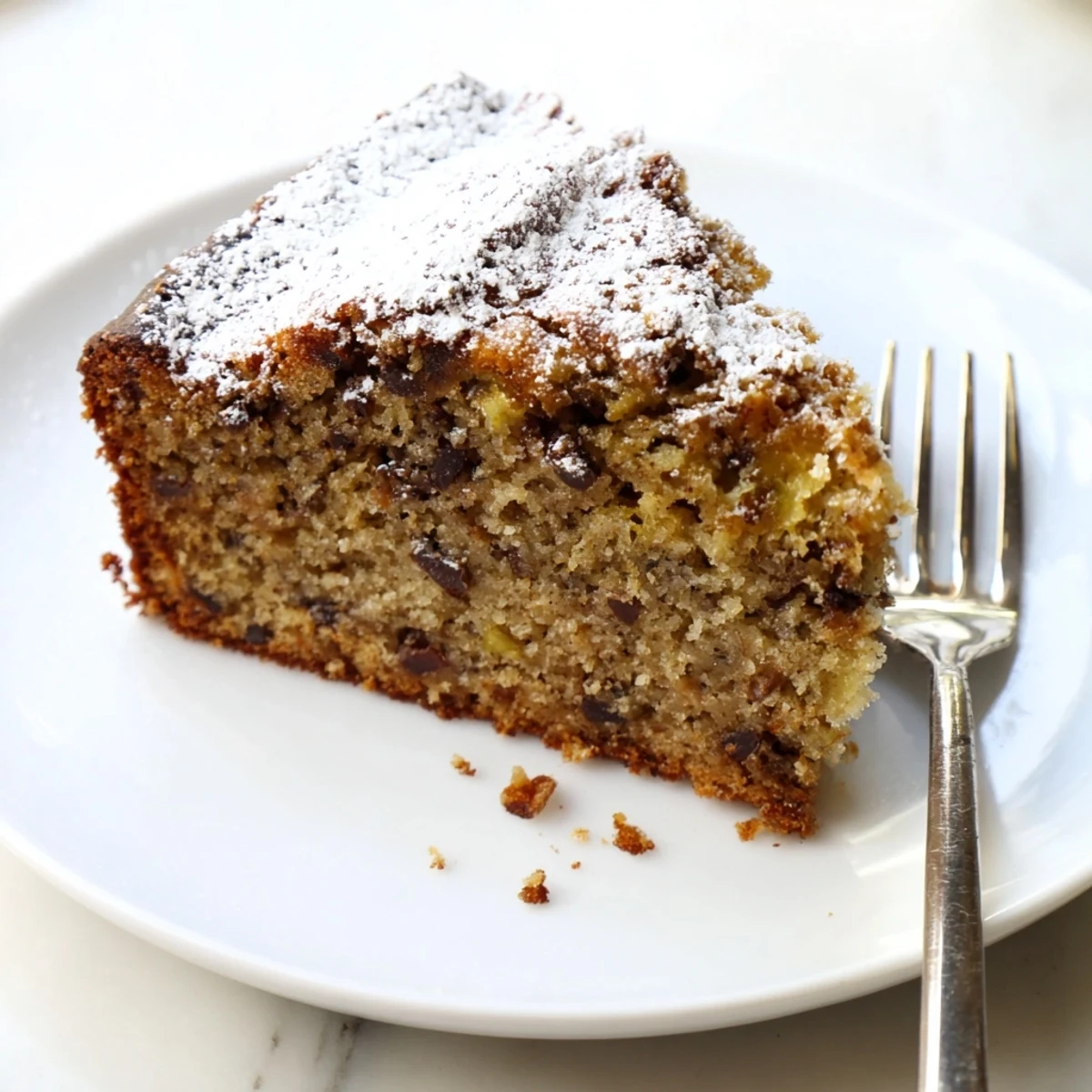 Moist banana cake topped with cream cheese frosting served on a white ceramic plate.