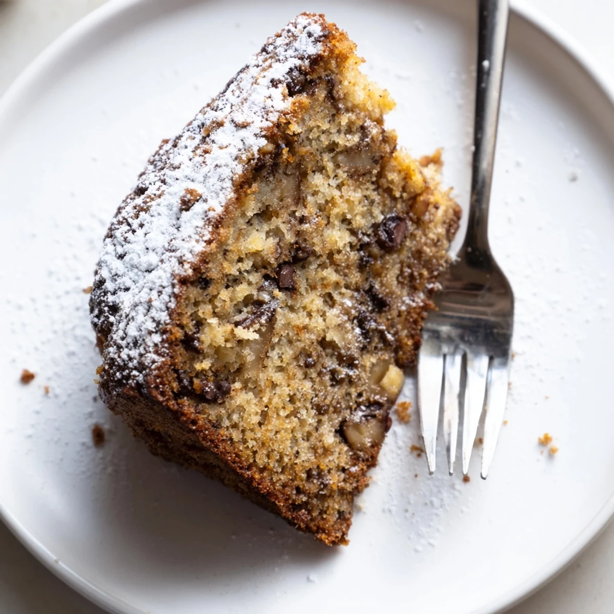 A golden banana cake sliced on a rustic wooden cutting board with walnuts scattered alongside.