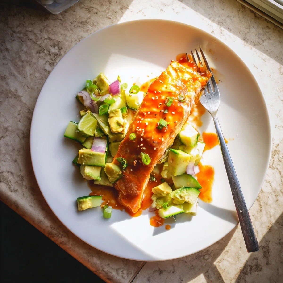 Golden baked Bang Bang Salmon topped with zesty sauce beside vibrant green avocado cucumber salsa
