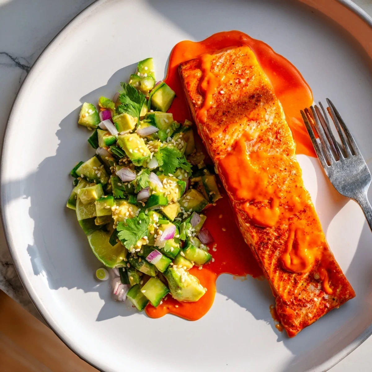 Pan-seared Bang Bang Salmon drizzled with spicy creamy sauce and fresh avocado cucumber salsa