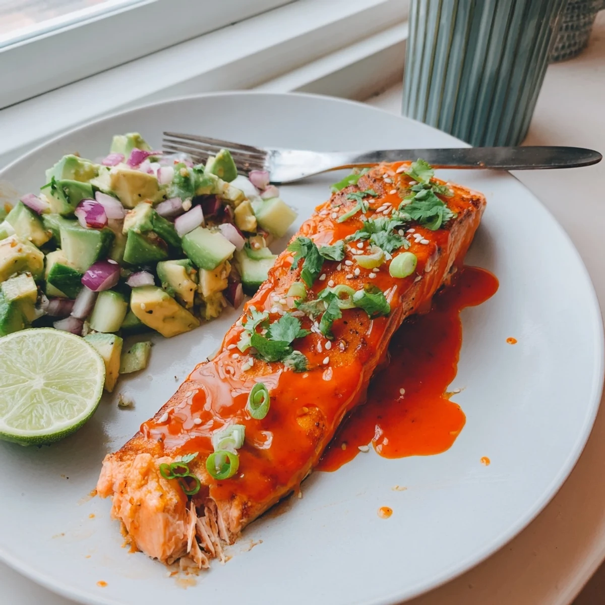 Flaky glazed Bang Bang Salmon served over cool avocado cucumber salsa sprinkled with sesame seeds