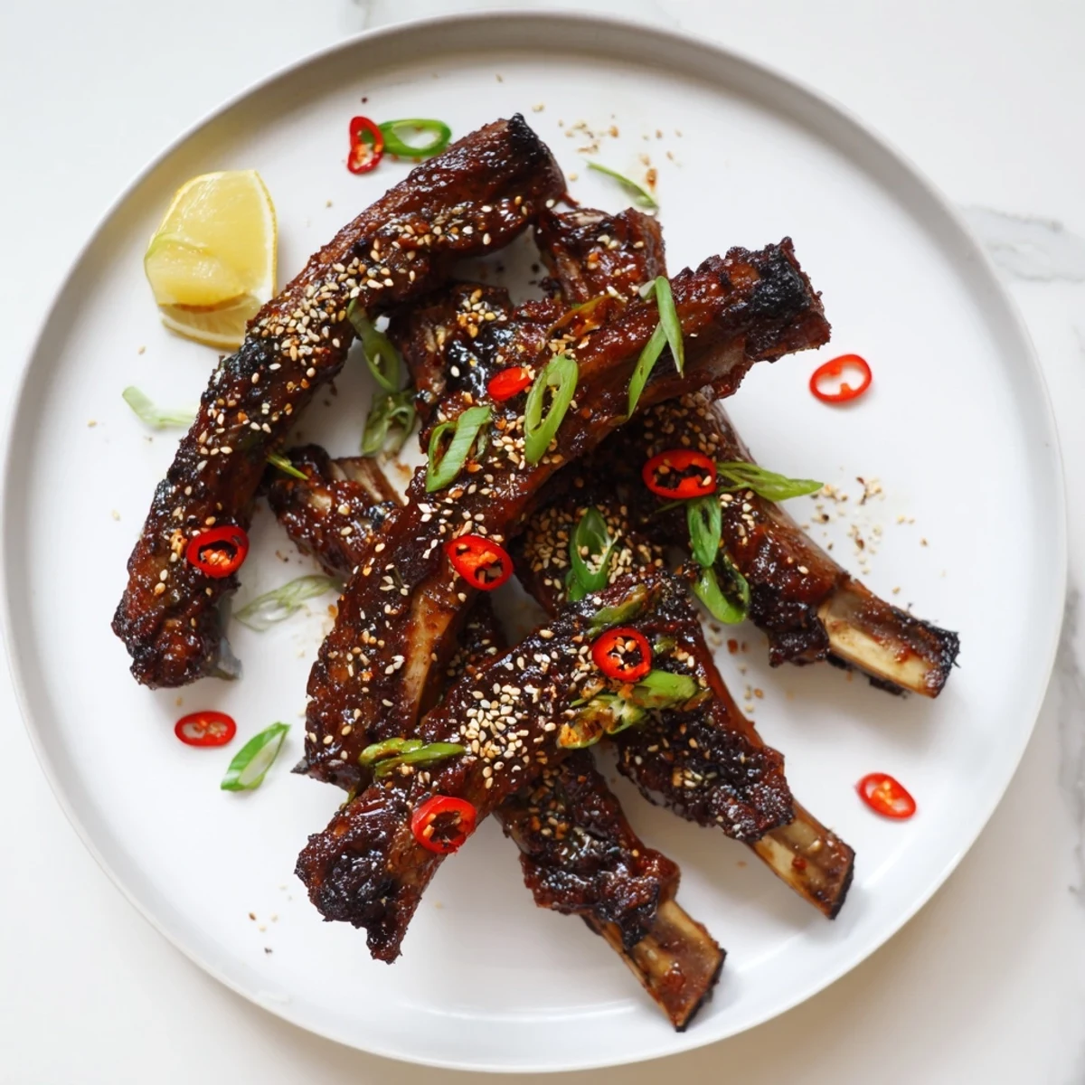 Crispy-edged Korean BBQ lamb ribs glistening with sticky glaze and bright yuzu