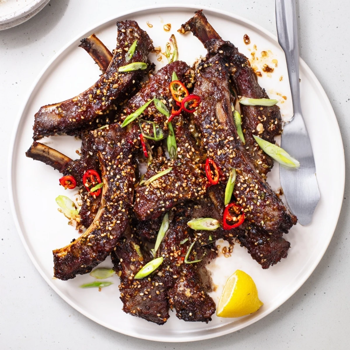 Tender caramelized Korean BBQ lamb ribs topped with sesame seeds and scallions