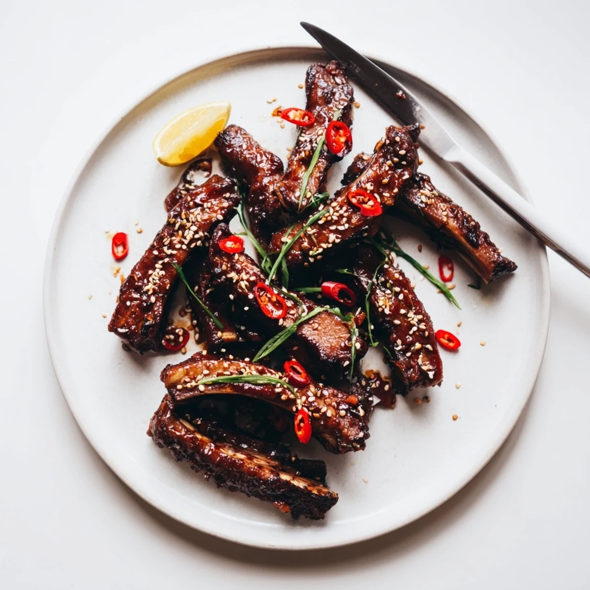 Juicy charred Korean BBQ lamb ribs finished with a fresh citrus squeeze