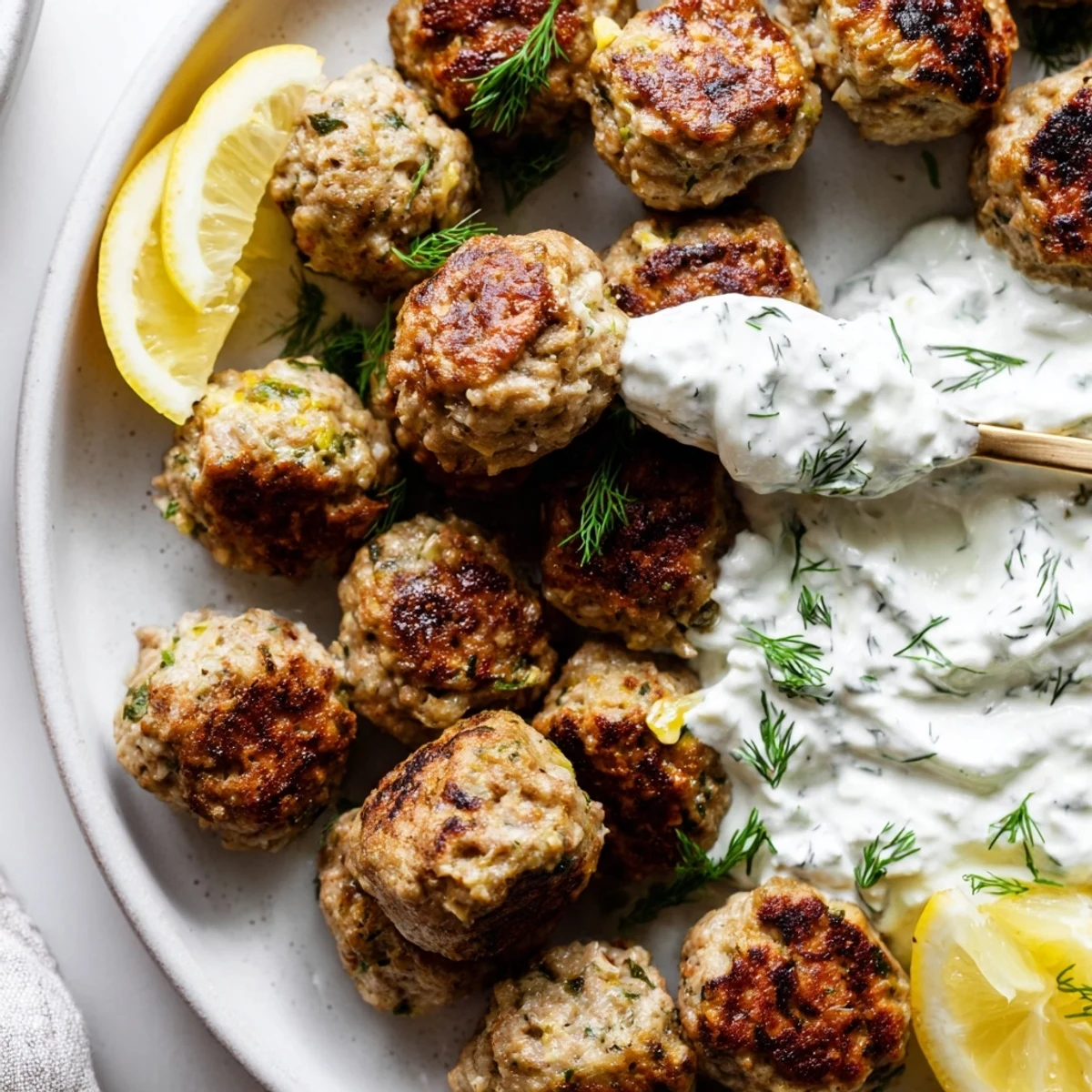 Golden Greek turkey meatballs with herbed tzatziki sauce on a rustic white plate