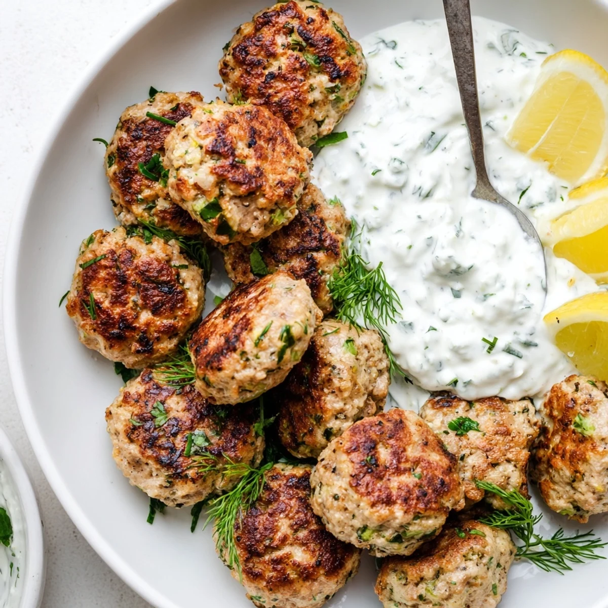 Juicy Greek turkey meatballs nestled beside cool, creamy tzatziki with fresh dill garnish