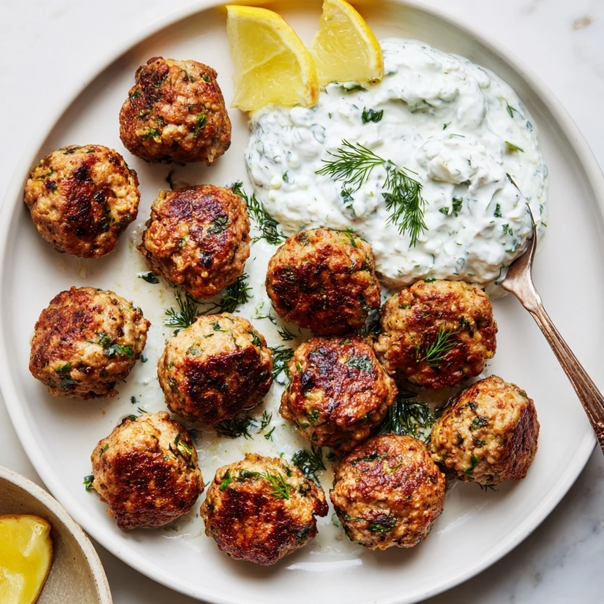 Crispy browned Greek turkey meatballs served with tangy tzatziki and bright lemon wedges