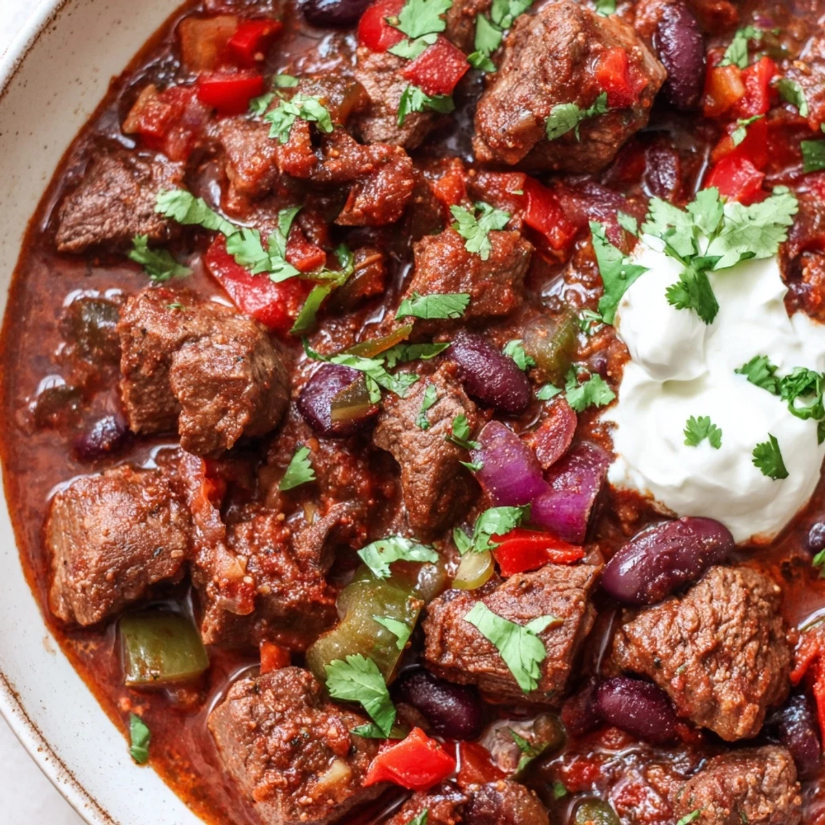 Steaming bowl of beefy chili stew with tender beef chunks, beans, and rich red broth