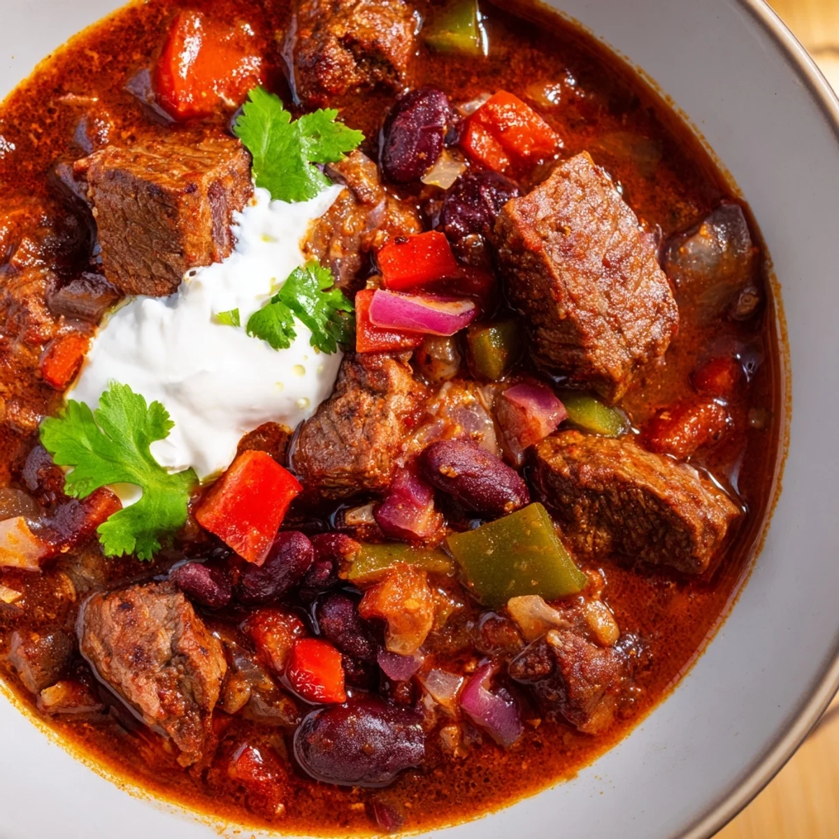 Beefy chili stew topped with fresh cilantro and served in a rustic Dutch oven