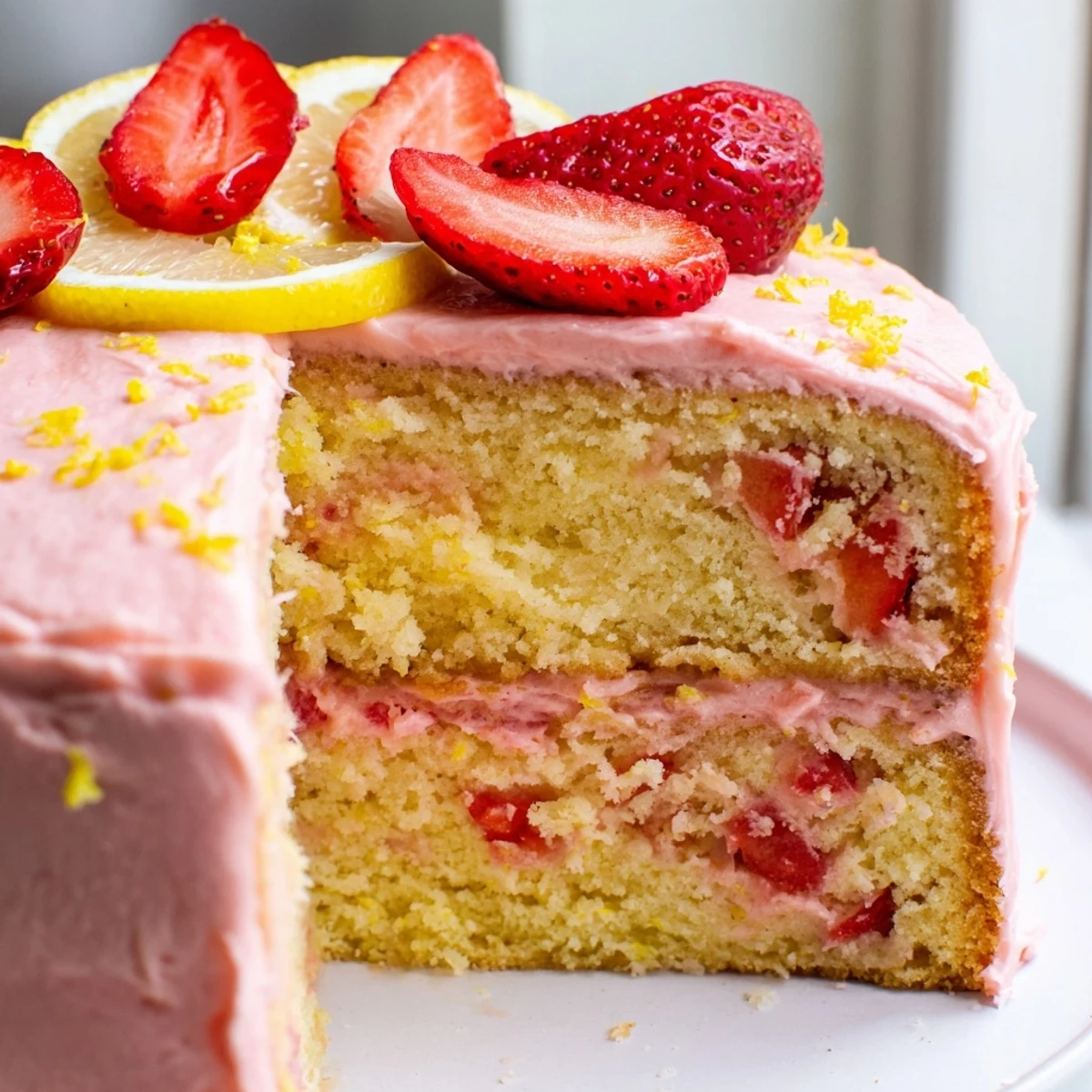 Moist strawberry lemonade cake topped with pink frosting and fresh berry garnish