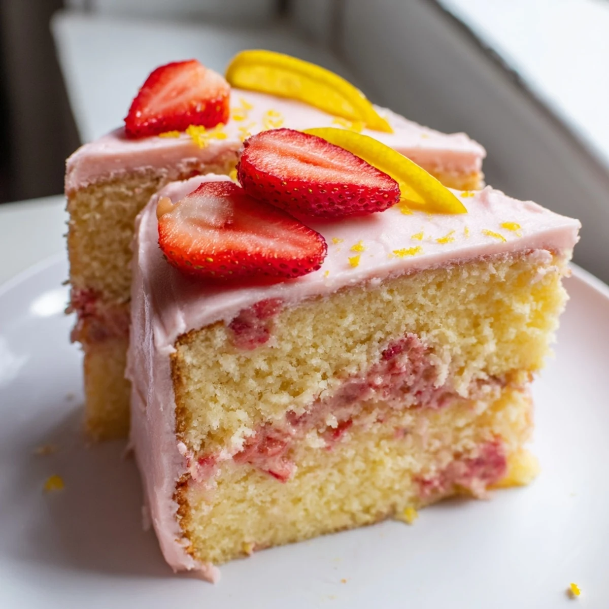 A slice of strawberry lemonade cake showing its tender crumb and creamy frosting