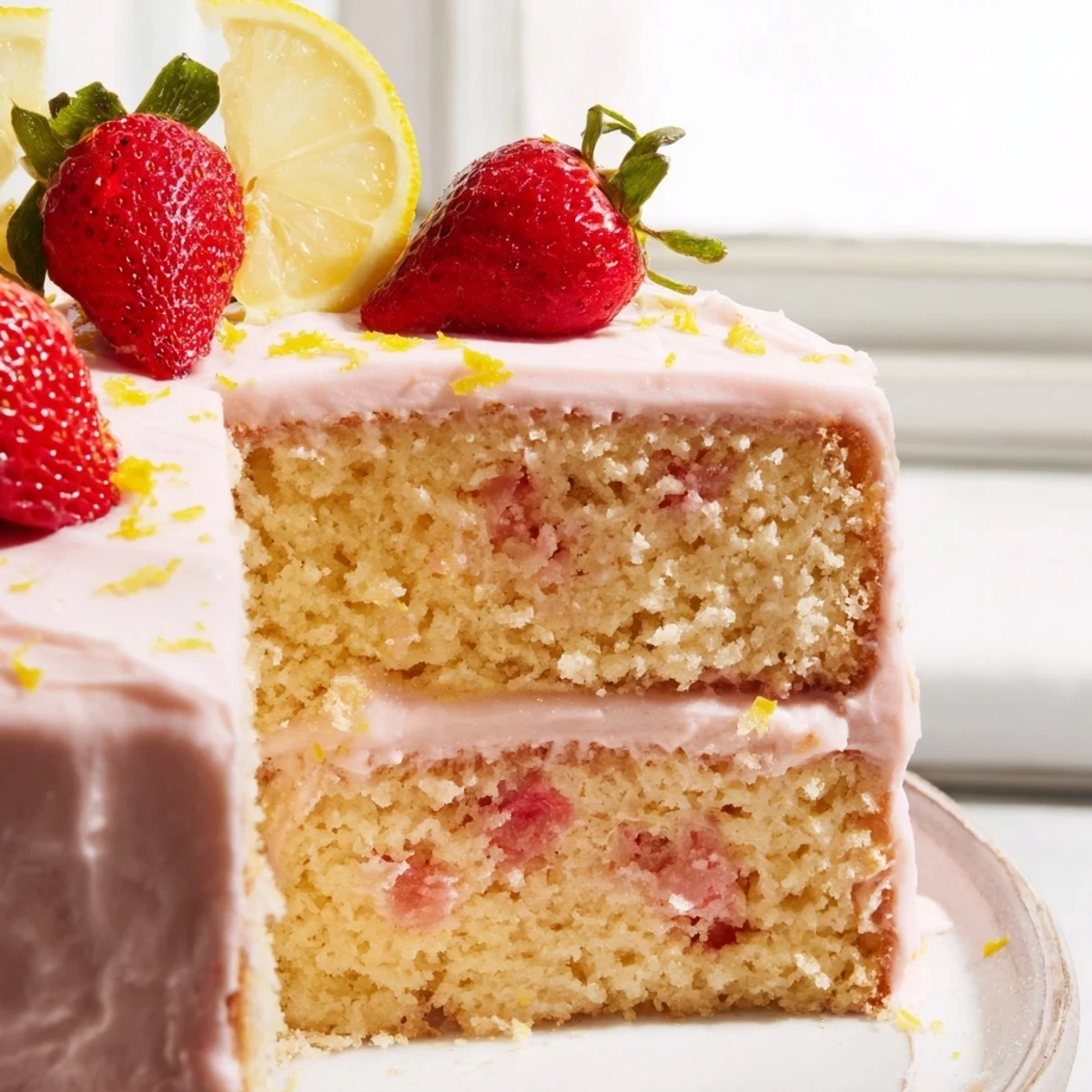 Homemade strawberry lemonade cake layered with tangy citrus buttercream on a summer dessert plate