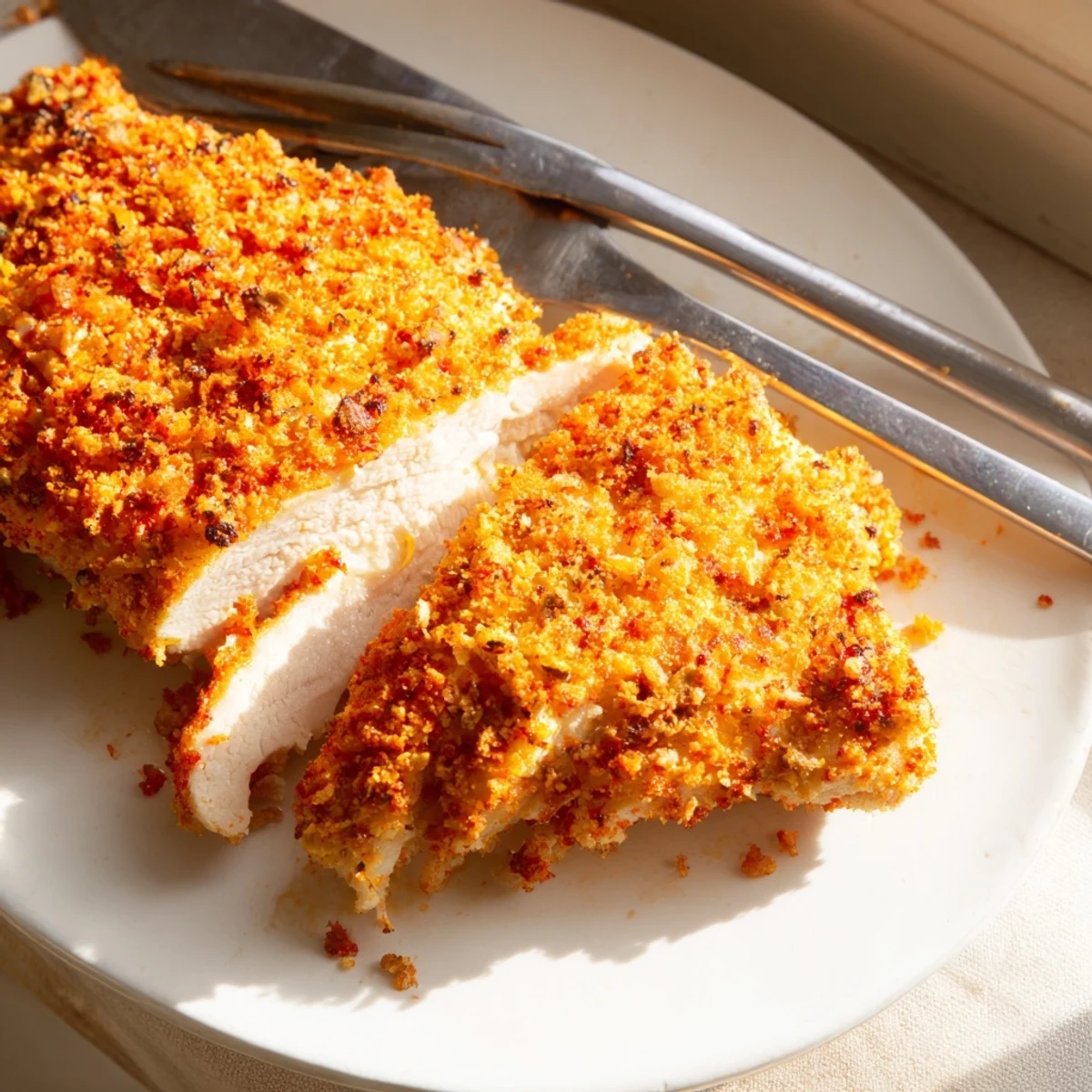 Crispy golden Paprika Parmesan Chicken fresh from the oven on a rustic plate