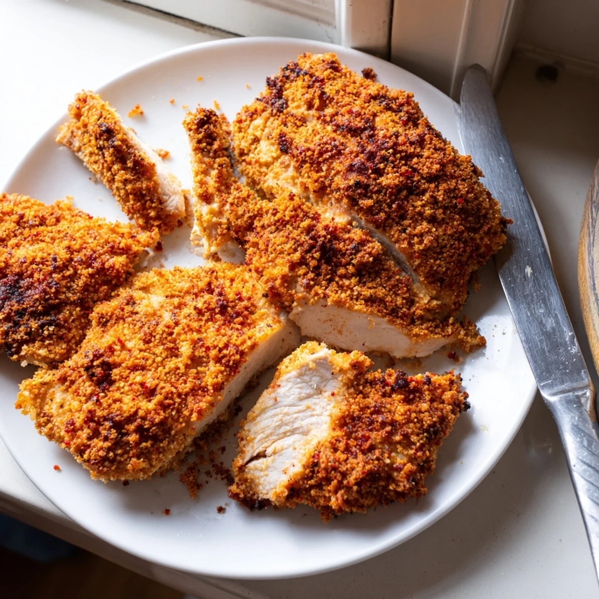Steaming Paprika Parmesan Chicken served alongside roasted vegetables on a white dinner plate