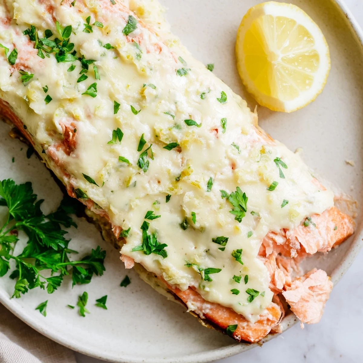 Creamy Boursin salmon fillets baked golden with herbs and fresh lemon wedges