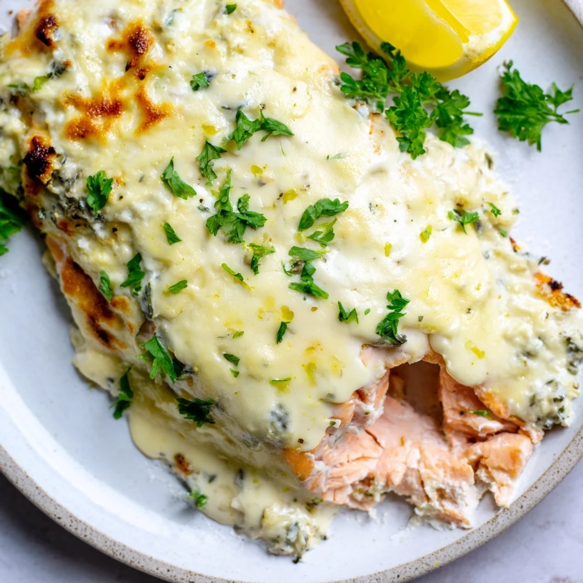Boursin salmon on parchment, ready to serve with steamed asparagus and lemon