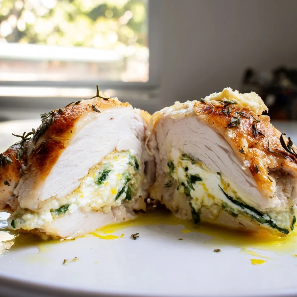 Golden goat cheese chicken stuffed with herbs, fresh from the oven and ready to serve