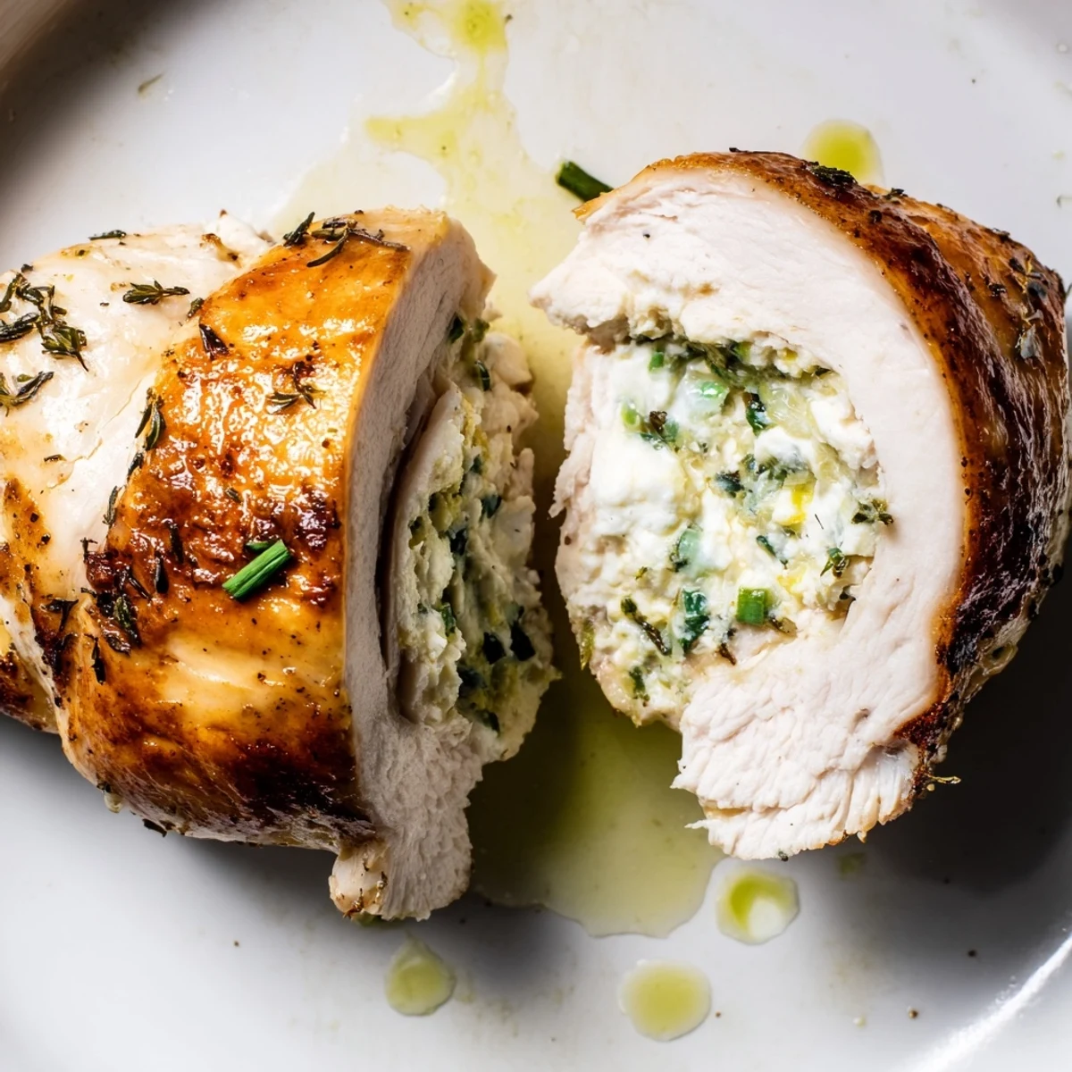 Juicy goat cheese chicken sliced open to reveal a creamy, herbed filling on a white plate