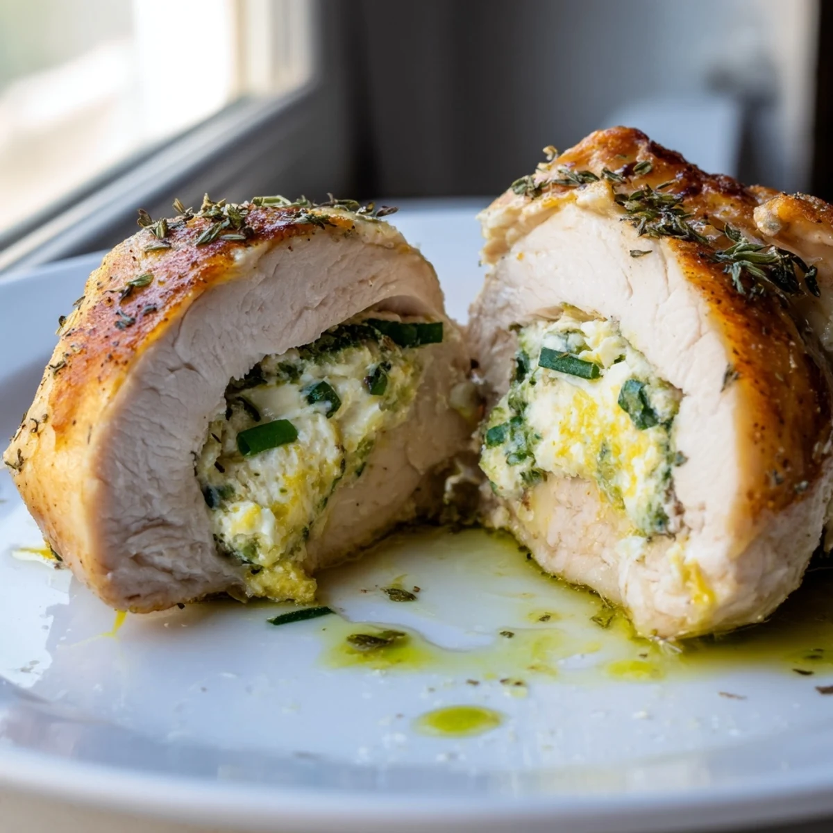 Crispy-skinned goat cheese chicken drizzled with pan juices, garnished with fresh basil and lemon wedges