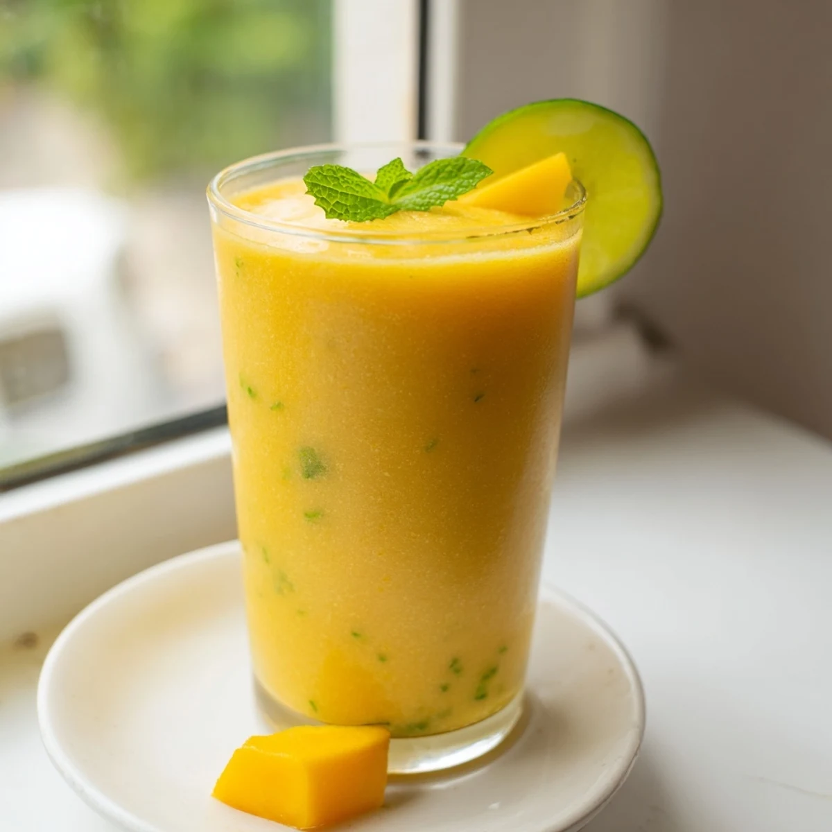Bright green mango cucumber smoothie topped with diced fruit and served ice cold