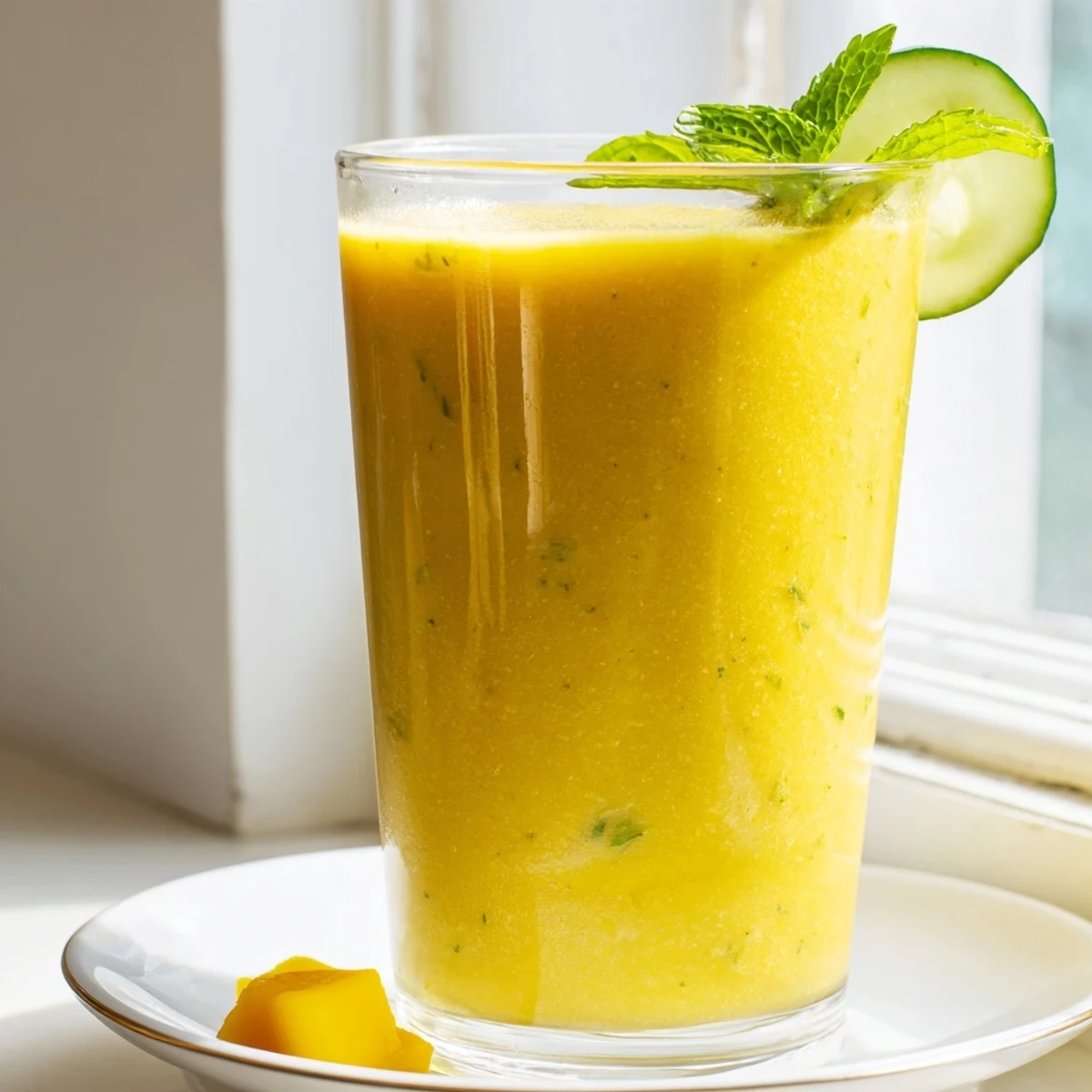 Creamy mango cucumber smoothie poured into a tall glass with fresh lime wedges nearby