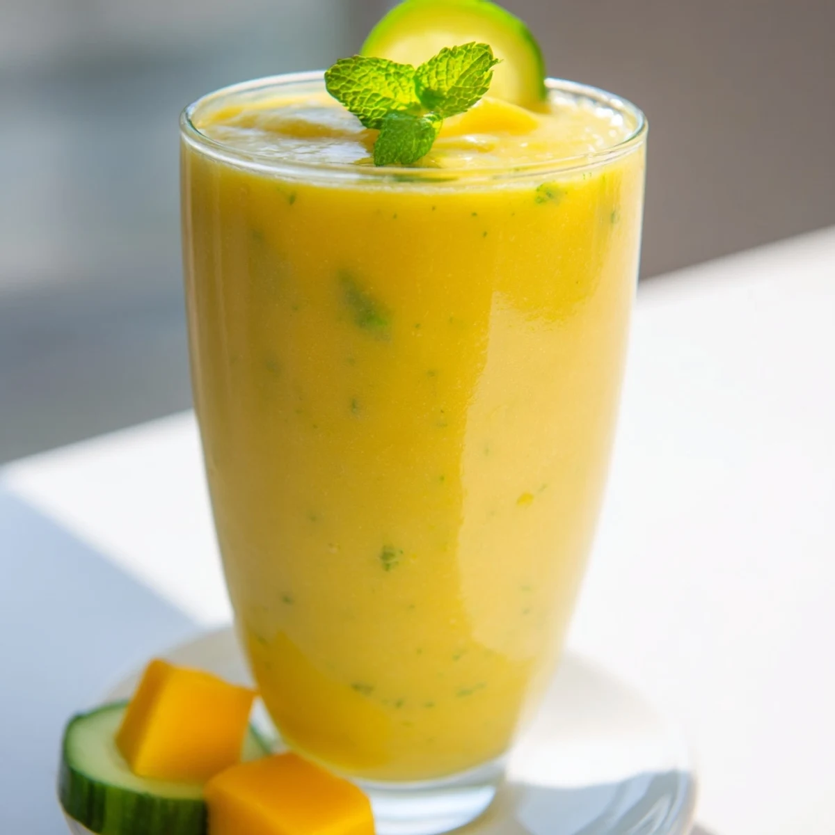 Thick mango cucumber smoothie in two mason jars garnished with crisp cucumber ribbons
