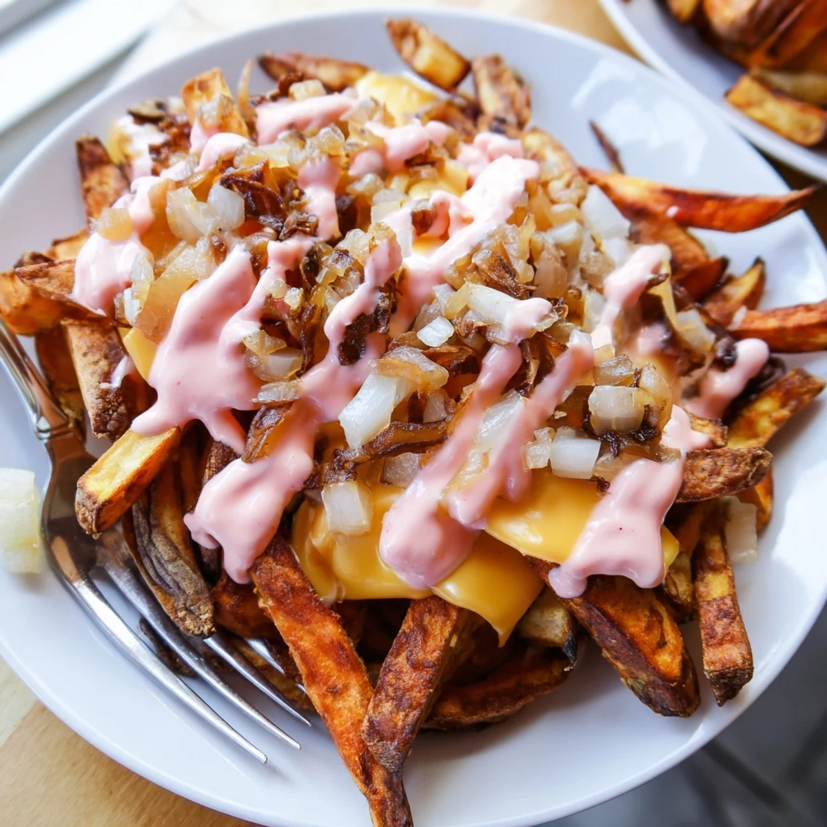 Steaming tray of In N Out Animal Style Fries smothered in gooey melted cheese