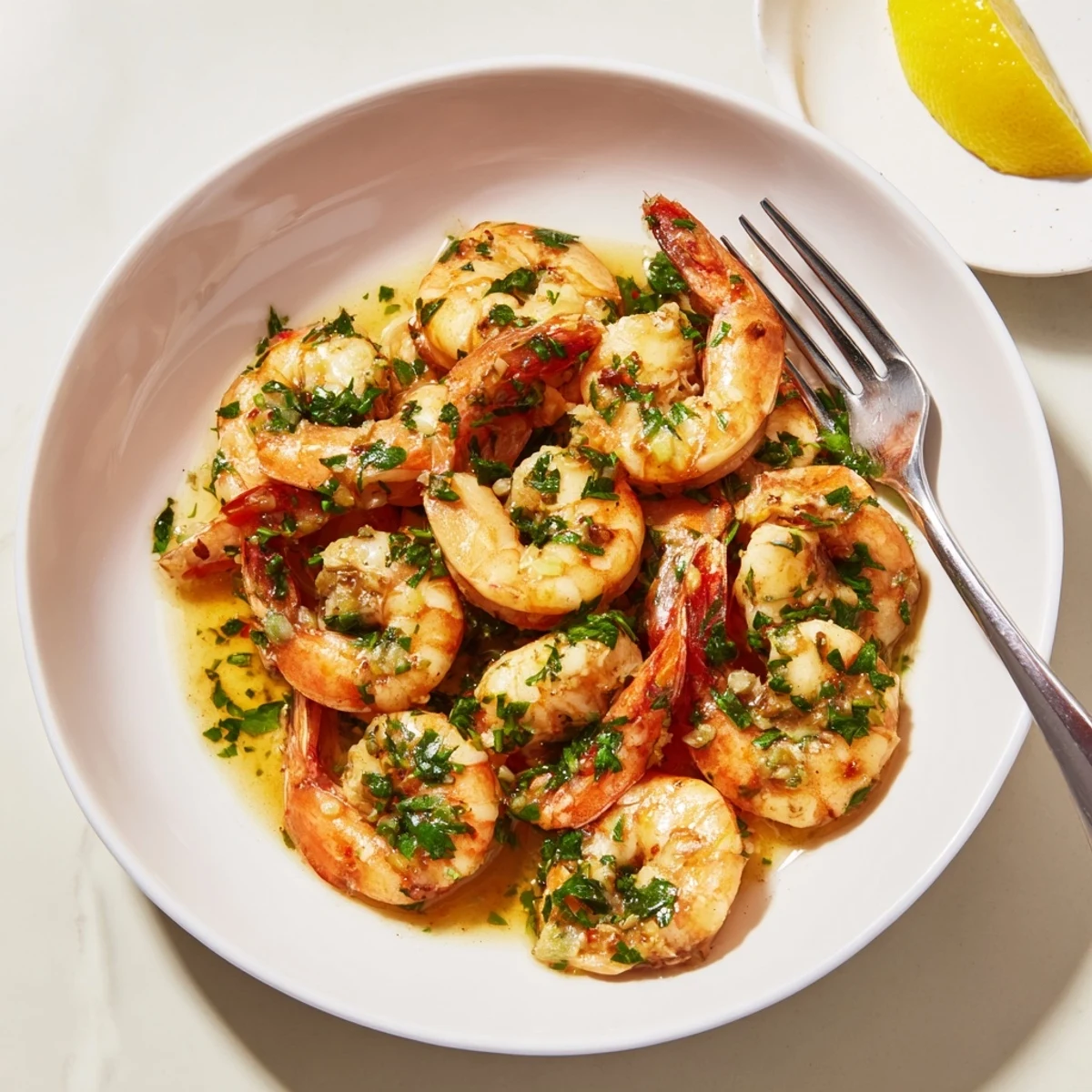 Sizzling buttered shrimp skillet with rich lemon butter sauce ready for serving