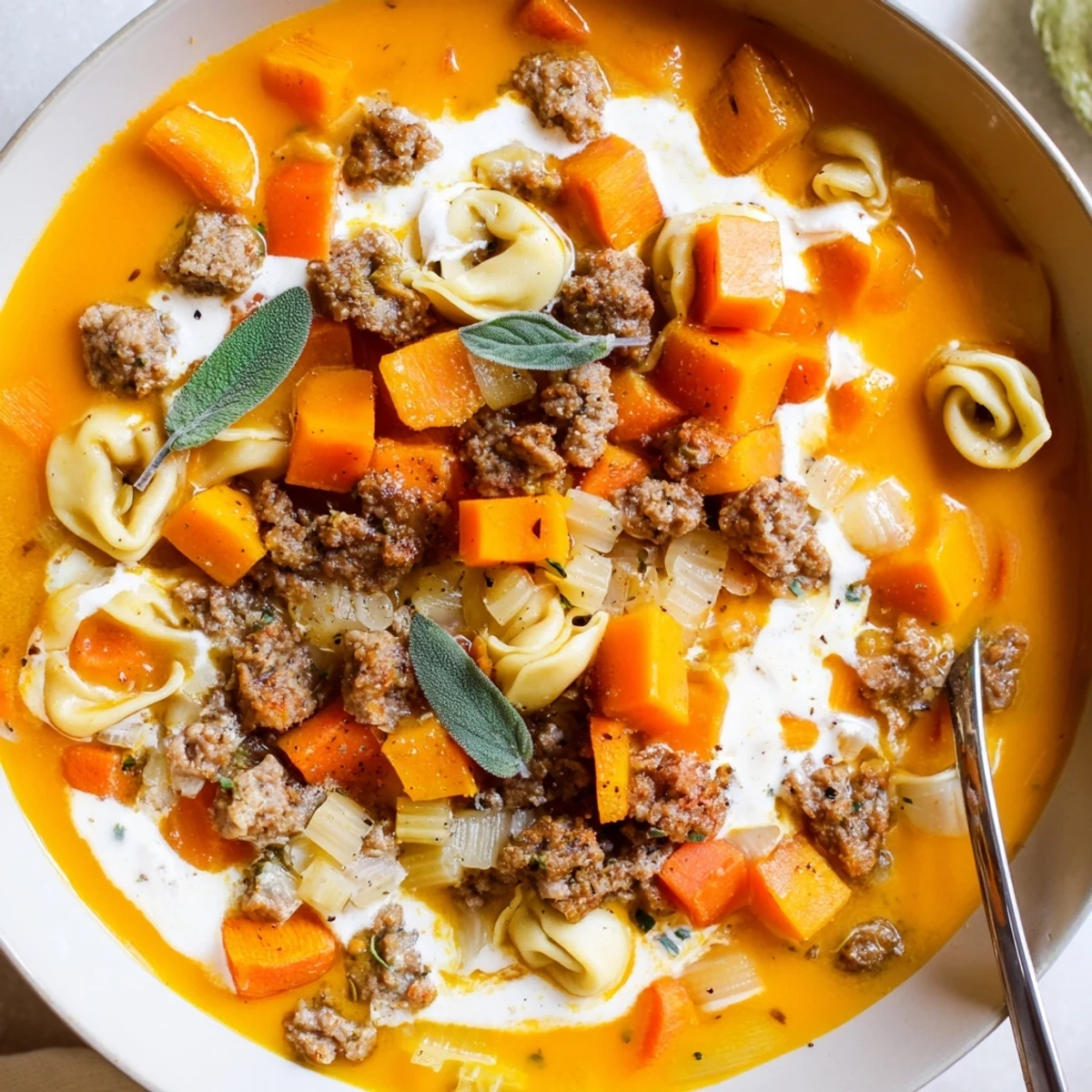 Creamy butternut squash sausage tortellini soup in a rustic bowl with sage cheese swirl