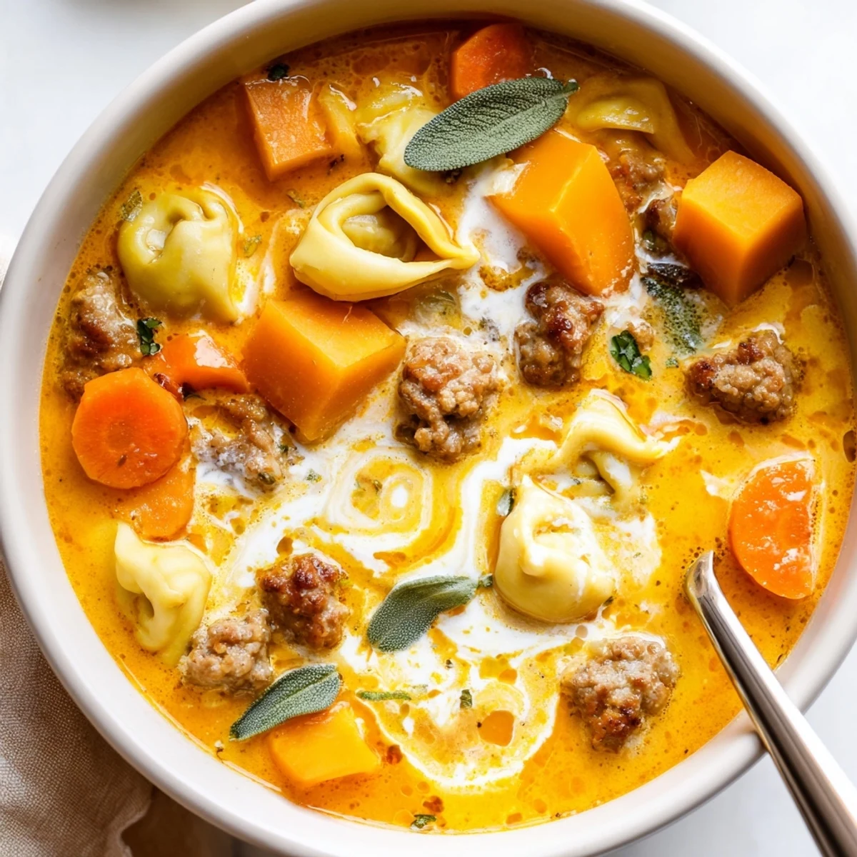 Golden butternut squash sausage tortellini soup topped with a creamy sage cheese dollop